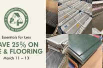 Save 25% on tile, wood flooring, and carpet at the reuse warehouse March 11 – 13!